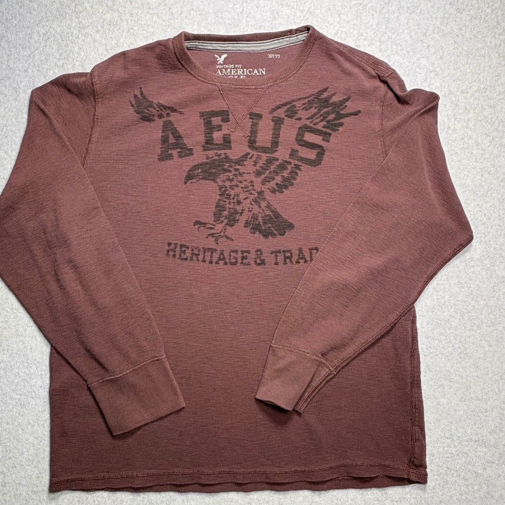 American Eagle Outfitters Mens XL Thermal Shirt Waffle Knit Graphic Eagle Maroon